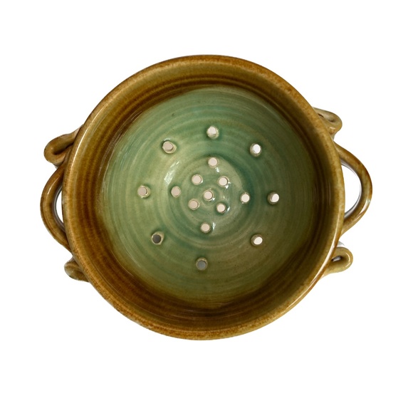 Studio Art Pottery Colander Strainer Fruit Bowl Pottery Green Brown Hand Made - Picture 2 of 7